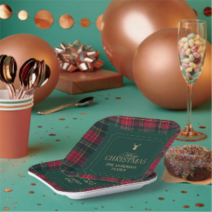 Elegantes Tartan-Karo Frohe Weihnachten Familienna Pappteller