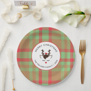 Elegantes Tartan-Karomuster & Rentier-Weihnachtsfa Pappteller