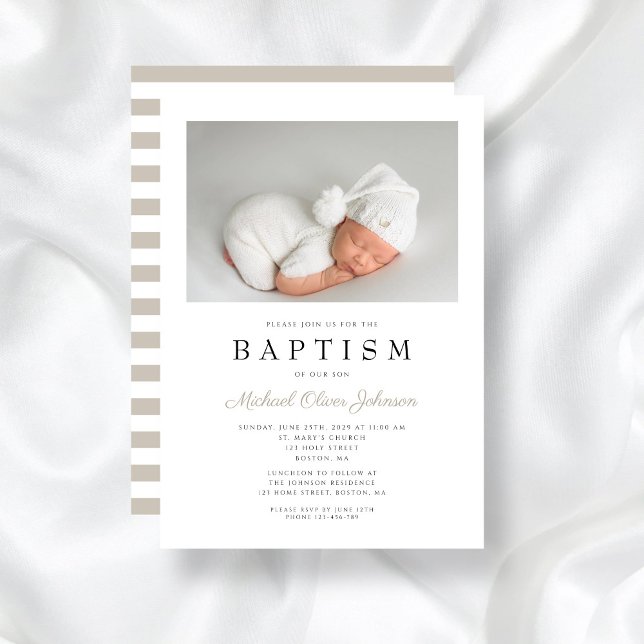 Elegantes Taupe Stripes Boy Taufe Foto Einladung (Elegant Taupe Stripes Boy Baptism Photo Invitation)