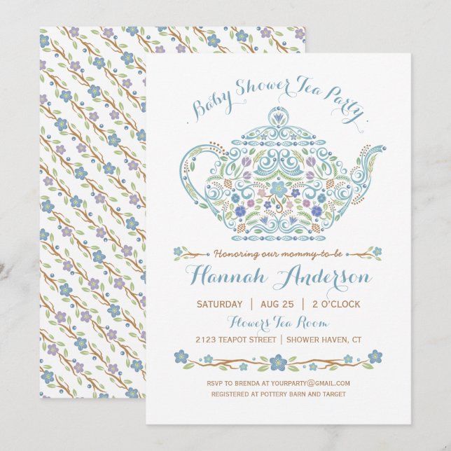 Elegantes Tea Party Boy Baby Dusche ・ Teekanne Einladung (Vorne/Hinten)