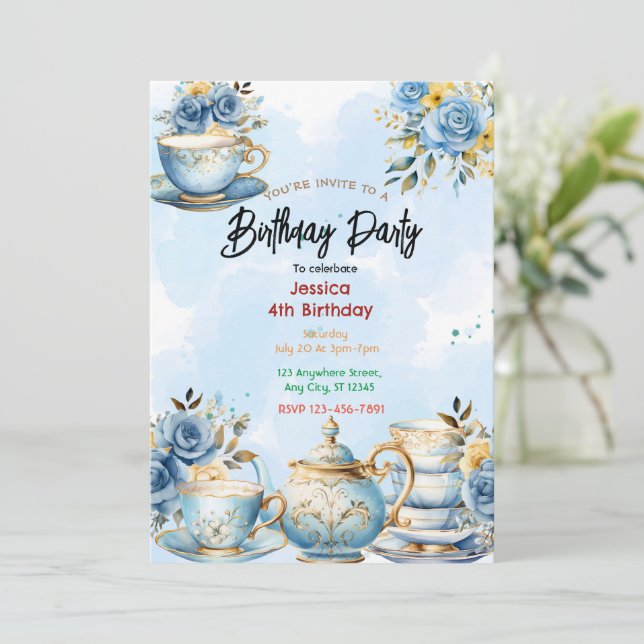 Elegantes Tea Party Einladung zum Geburtstag (Stehend Vorderseite)