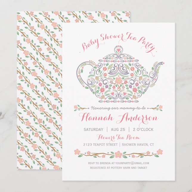 Elegantes Tea Party Girl Baby Dusche ・ Teekanne Einladung (Vorne/Hinten)