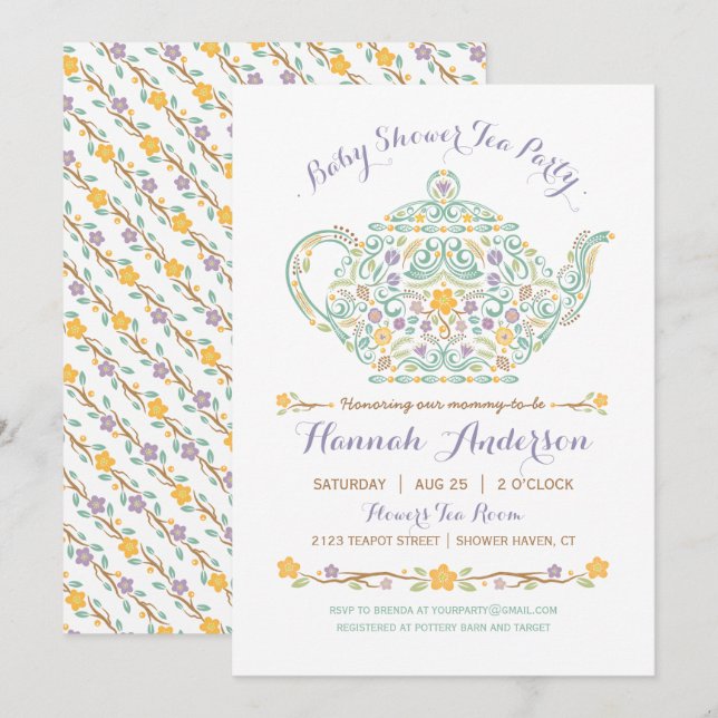 Elegantes Tea Party Kinderdusche - Teekanne Einladung (Vorne/Hinten)