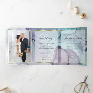 Elegantes Teal Amethyst-Abstrakt-Tinte Dreifach Gefaltete Einladung