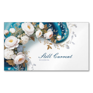 Elegantes Teal Blau Gold Silber Florales Pfingstro Magnetische Visitenkarte