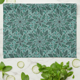 Elegantes Teal-Blumenmuster mit Blatt-Mandala Geschirrtuch
