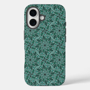 Elegantes Teal-Blumenmuster mit Blatt-Mandala iPhone 16 Hülle