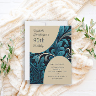 Elegantes Teal-Gold-Blumenmotiv 90. Geburtstag Einladung