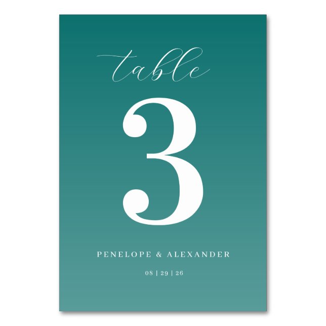 Elegantes Teal Nummern-Tischschild Tischnummer (Vorderseite)
