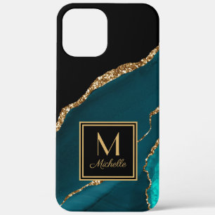 Elegantes Teal Schwarz Gold Monogramm Anfangsbuchs Case-Mate iPhone Hülle