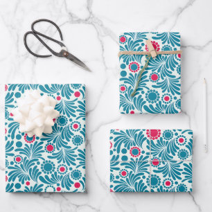 Elegantes Teal- und Magenta-Blattmuster Geschenkpapier Set