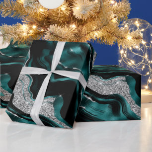 Elegantes Teal- und Silber-Glitter-Achat-Geburtsta Geschenkpapier