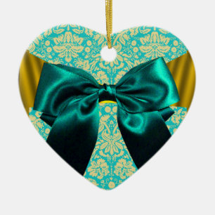 ELEGANTES TEAL WEISS DAMAST BLAUES BAND MONOGRAMM KERAMIK ORNAMENT