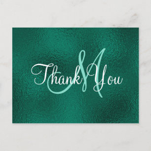 Elegantes Tealgrünes Faux-Folie-Monogramm Danke Postkarte