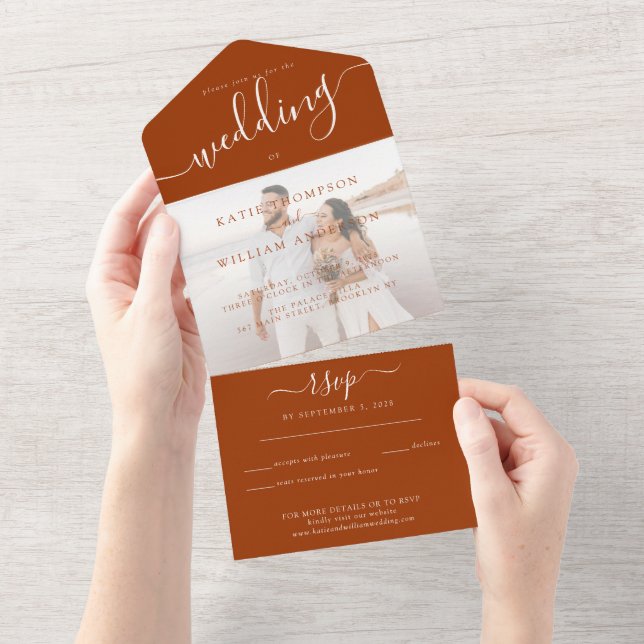 Elegantes Terracotta Calligraphy Foto Wedding All In One Einladung (Abreißen)