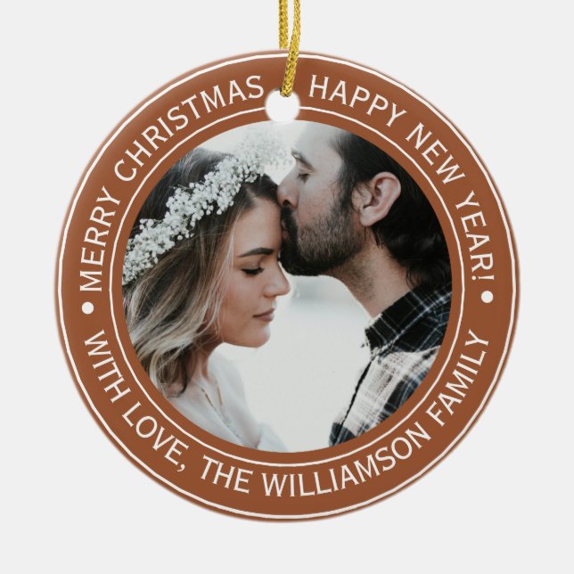Elegantes Terracotta Christmas Monogram Foto Keramik Ornament (Vorne)