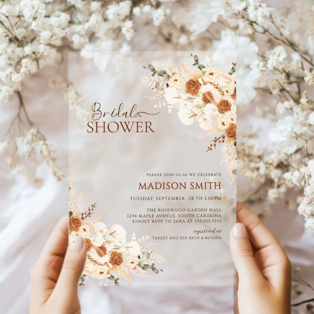 Elegantes Terracotta Floral QR Code Brautparty Acryleinladungen (Von Creator hochgeladen)