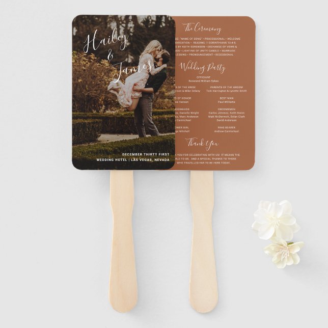 Elegantes Terracotta Foto Modernes Hochzeitsprogra Fächer (Vorne und Hinten)