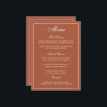 Elegantes Terracotta White Script Wedding Menu Menükarte<br><div class="desc">Eine elegante Art,  Ihren Gästen ihre Menüoptionen zu zeigen. In Terracotta orange mit weißem Schriftzeichen. Ein eleganter Hochzeitswettbewerb-Schriftart wurde mit einem modernen Stil kombiniert,  der den Schriftart all Caps zu einem stilvollen und dennoch benutzerfreundlichen Hochzeitsmenü macht. Für Ihre Menüoptionen wurde ausreichend Platz reserviert.</div>