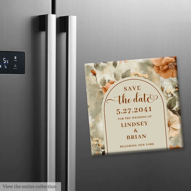 Elegantes Terrakotta-Elfenbein-Kräuter-Blumen-Save Magnet (The most trendy wedding color scheme is terracotta, and this elegant boho Save the Date magnet captu)