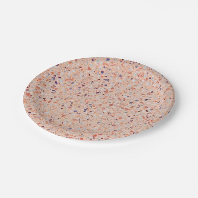 Elegantes Terrazzo Retro Rosa Lila weißes Muster Pappteller (Schrägansicht)