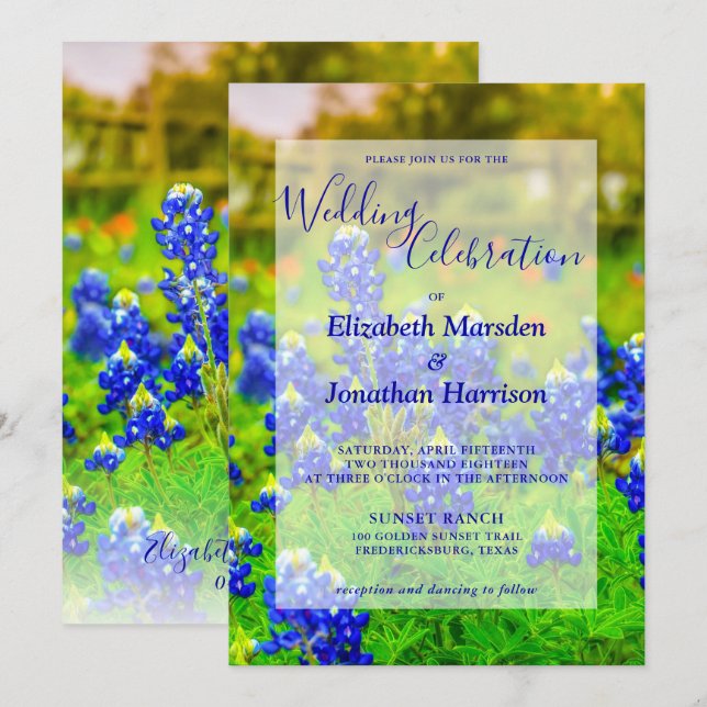 Elegantes Texas Bluebonnets Foto Hochzeit Einladung (Vorne/Hinten)