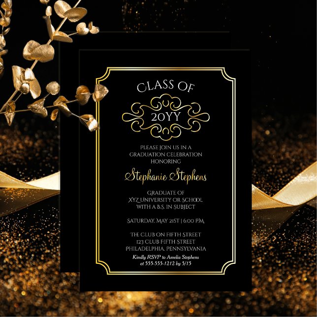 Elegantes Ticket Frame Uni-Abschluss Party Folieneinladung (Elegant Ticket Frame College or University Graduation Announcement Party Invitation -Black Gold Foil)