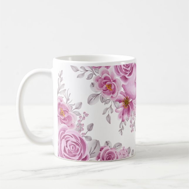 Elegantes, tiefrosa, florales Herz Wasserfarbe Kaffeetasse (Links)