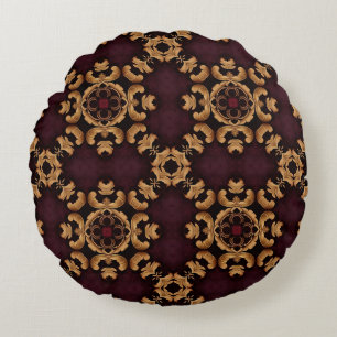Elegantes tiefrotes goldenes Arabeskenmuster Rundes Kissen