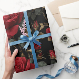 Elegantes Tiefrotes Rosen-Schwarzes Blumenmuster Geschenkpapier