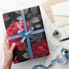 Elegantes Tiefrotes Rosen-Schwarzes Blumenmuster Geschenkpapier
