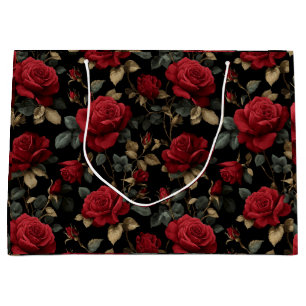 Elegantes Tiefrotes Rosen Schwarzes Blumenmuster Große Geschenktüte