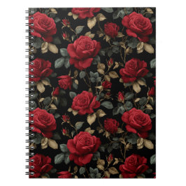Elegantes Tiefrotes Rosen Schwarzes Blumenmuster Notizblock