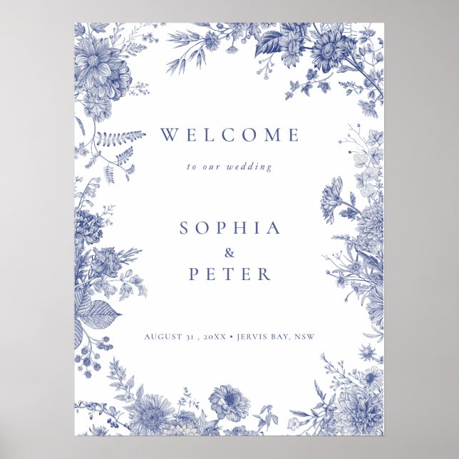 Elegantes Toile Begrüßungszeichen von Blue Floral Poster (Vorne)