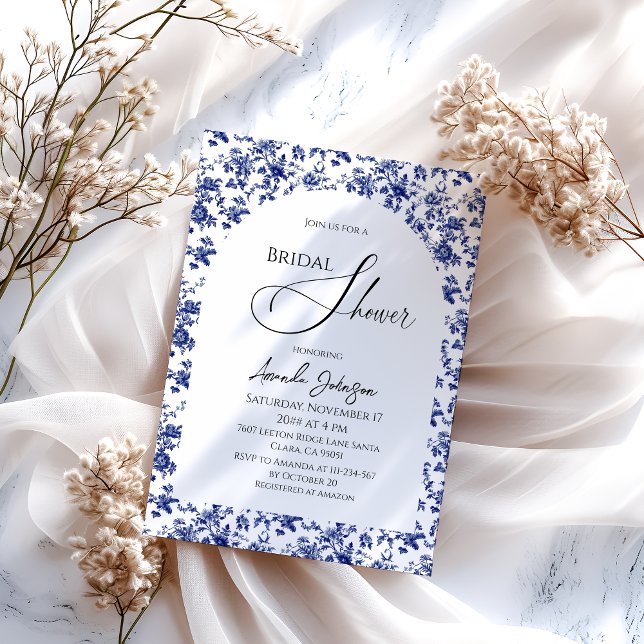 Elegantes Toile Blue Floral Brautparty Einladung (Von Creator hochgeladen)