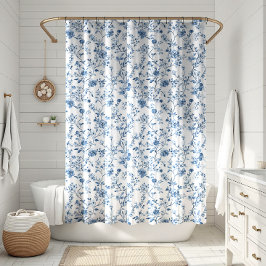 Elegantes Toile-Blumenmuster Blau und Weiß Duschvorhang