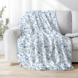 Elegantes Toile-Blumenmuster Blau und Weiß Fleecedecke