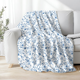 Elegantes Toile-Blumenmuster Blau und Weiß Fleecedecke