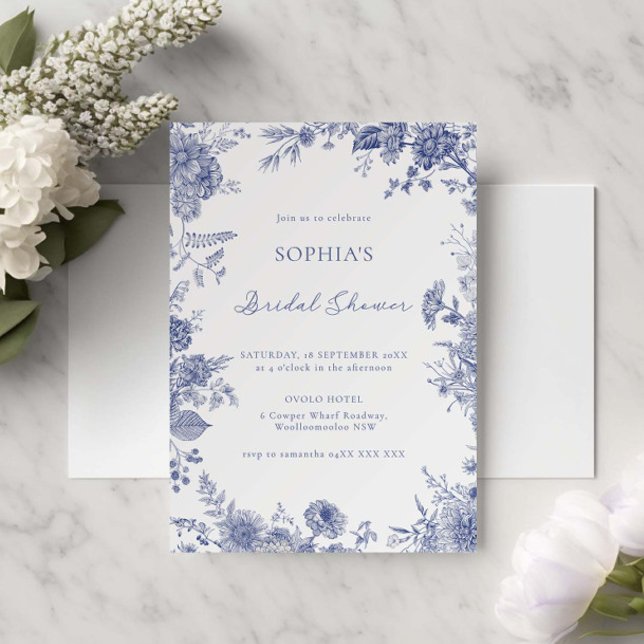 Elegantes Toile French Blue Floral Brautparty Einladung (Von Creator hochgeladen)