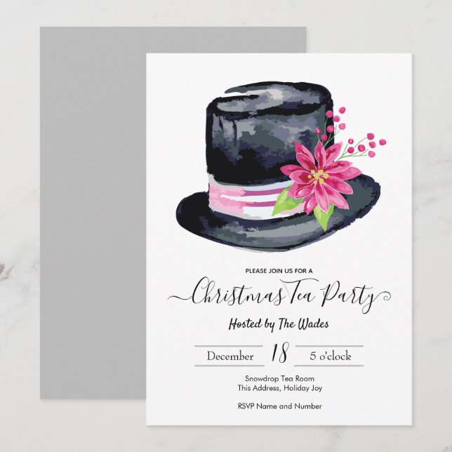 Elegantes Top Hat und Poinsettia Christmas Tea Par Einladung (Vorne/Hinten)