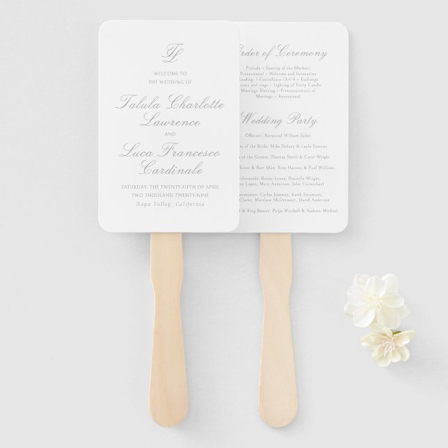 Elegantes traditionelles Hochzeitsprogramm in Grau Fächer (Vorne und Hinten)