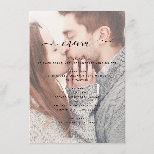 Elegantes transparentes Foto Hochzeit und Typograf Menükarte (Vorderseite)