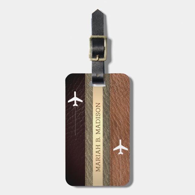 Elegantes Traveler Brown und Black Leather Monogra Gepäckanhänger (Vorderseite vertikal)