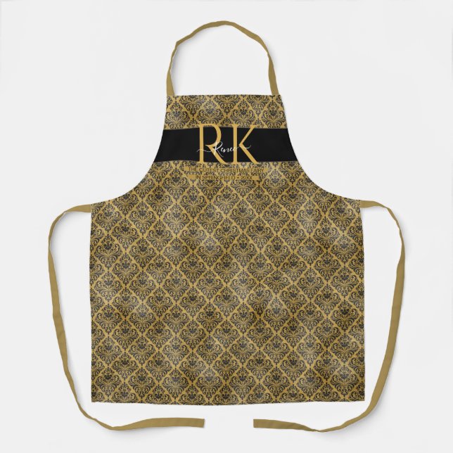 Elegantes, trendiges Schwarz-Gold-Glam-Monogramm Schürze (Vorderseite)