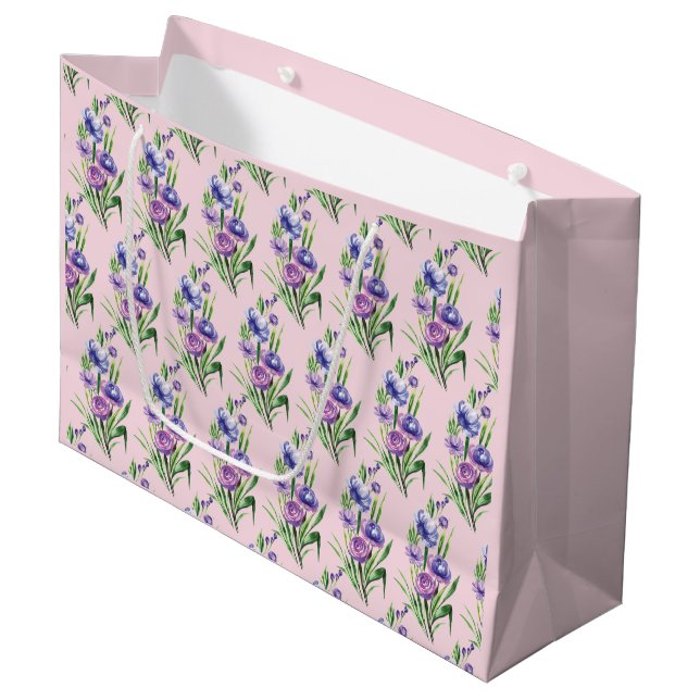 Elegantes trendy Lila Blumenmuster Große Geschenktüte (Vorderseite Schrägansicht)