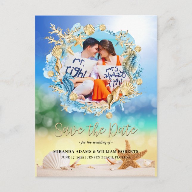 Elegantes Tropical Beach Foto Hochzeit Ankündigungspostkarte (Vorderseite)
