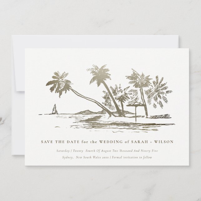 Elegantes Tropical Beach Palm Tree Sketch Pale Gol Save The Date (Vorderseite)