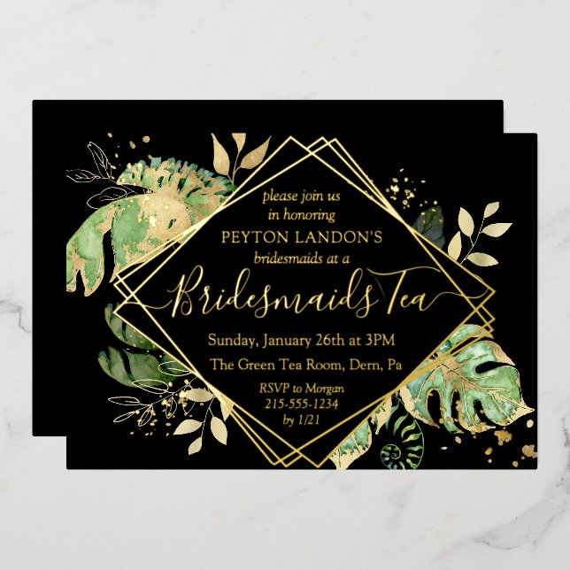 Elegantes Tropical Black & Gold Bridesmaid Tea Par Folieneinladung (Vorderseite/Rückseite)