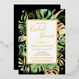 Elegantes Tropical Black & Gold Modernes Brautpart Folieneinladung