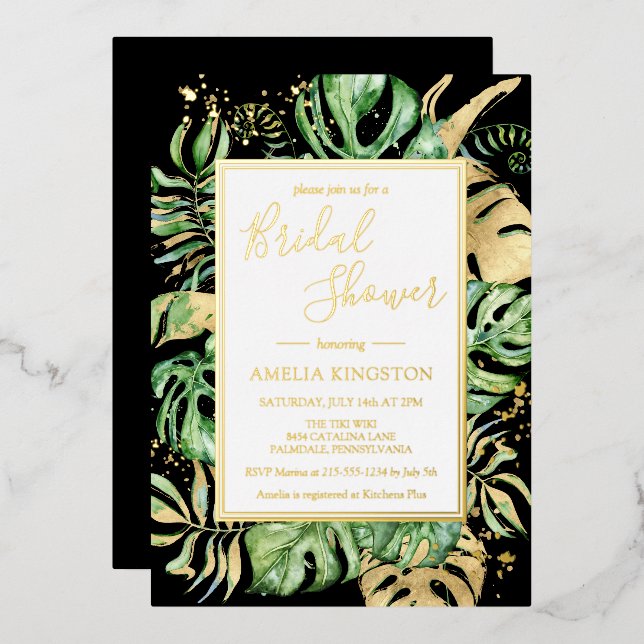 Elegantes Tropical Black & Gold Modernes Brautpart Folieneinladung (Vorderseite/Rückseite)